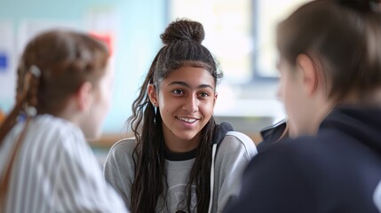Fototapeta premium group of students engaged in a lively discussion in a bright and airy classroom.