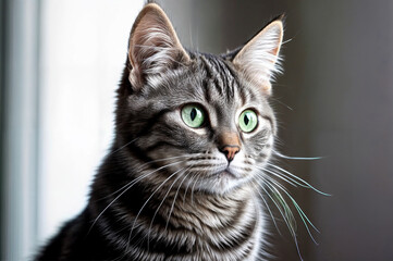 Gray domestic feline large emerald green eyes dominating the composition seated. Generative AI.