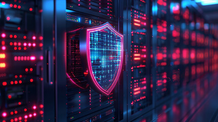 Digital data protection shield icon over a computer and server