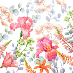 Watercolor pattern with pink irises, lupine, orange lily, grey leaves, eucalyptus.