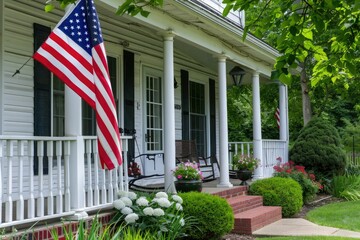Fototapeta premium Close-up of a proud homeowner displaying an American flag outside their house for Flag Day.