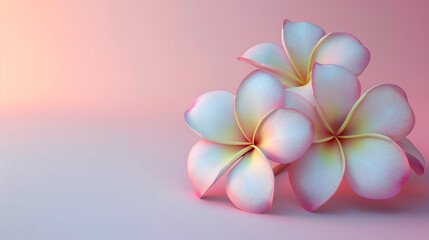 3 white frangipani flowers in 3D surreal style on gradient holographic gradient pink and blue background with copy-space for text. Background series for summer and spring floral.