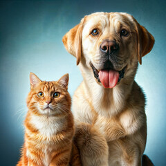 Labrador retriever dog panting and ginger cat sitting in front of  blue gradient background .GenerativeAI