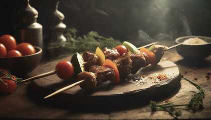 Shish kebab with onion and cherry tomato, grilled meat skewers on the plate, kitchen or restaurant table, delicious meal - Powered by Adobe