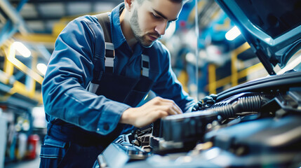 A male mechanic in blue overalls is focused on repairing a car engine in an industrial workshop setting with bright overhead lighting.