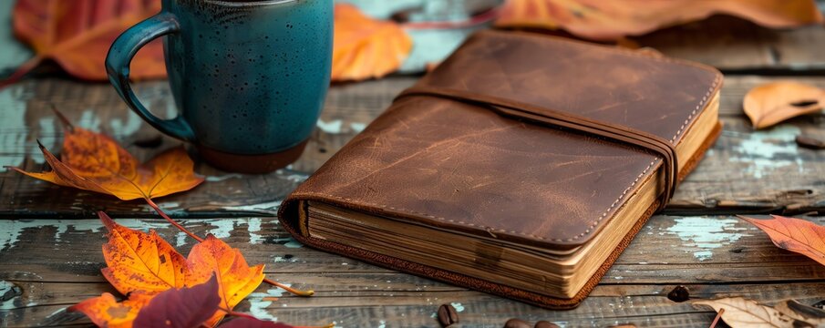 A well-worn leather journal sits on a wooden table, surrounded by fallen autumn leaves
