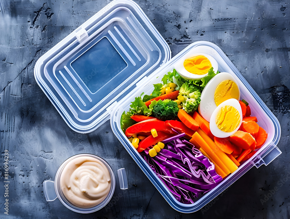 Poster a container of food with a lid on top and a small container of dressing next to it. the food is colo