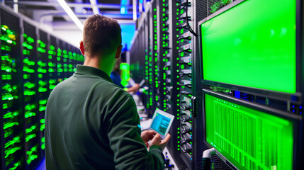 A technician works in a server room, surrounded by rows of server racks with illuminated green lights and monitors displaying data. He uses a tablet to check system performance.