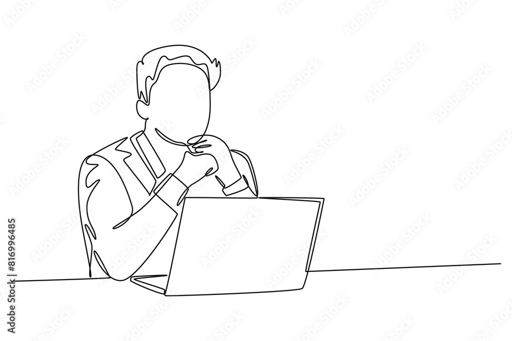 Poster continuous one line drawing of young startup ceo thinking about company growth while looking at annu