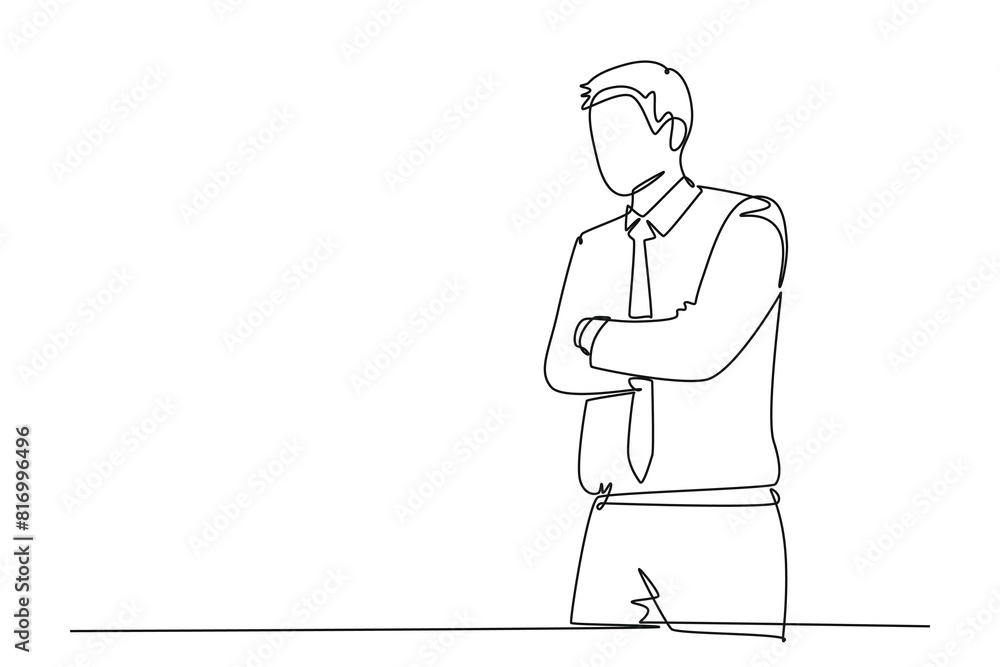 Aufkleber continuous one line drawing of confused businessman standing and thinking. focusing on finding solut