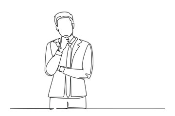 Continuous one line drawing front view of young startup founder standing and thinking about business strategy for office meeting. Business ideas concept. Single line design vector graphic illustration