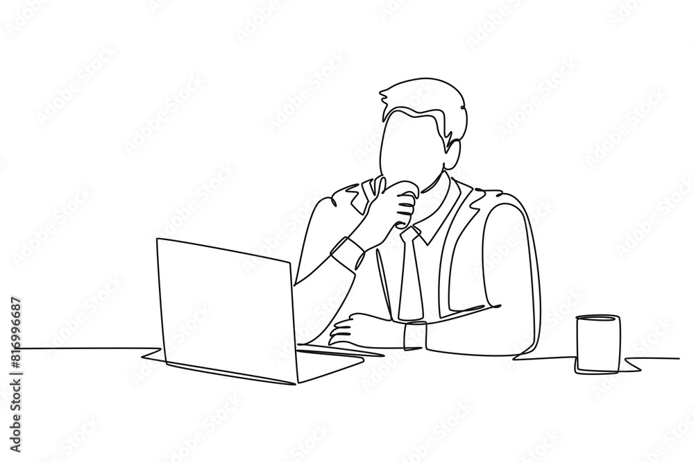 Aufkleber single continuous line drawing young male worker sitting and thinking seriously in front of computer