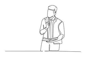 Continuous one line drawing young manager standing and looking up far away and thinking business strategy at the office. Business planning concept. Single line draw design vector graphic illustration