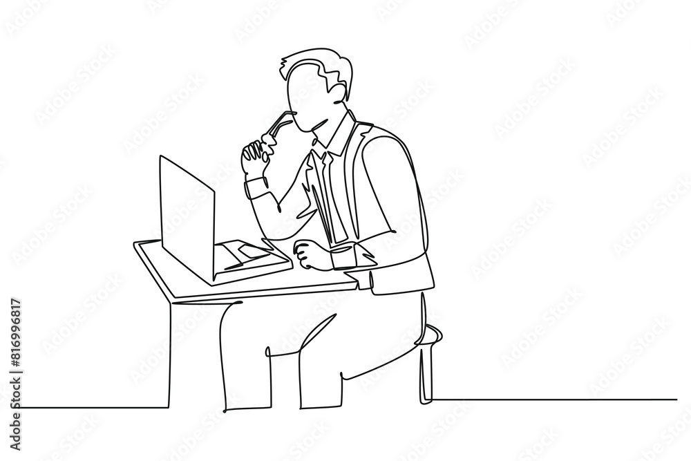 Aufkleber single continuous line drawing young manager focus thinking and holding his chin using hands while s