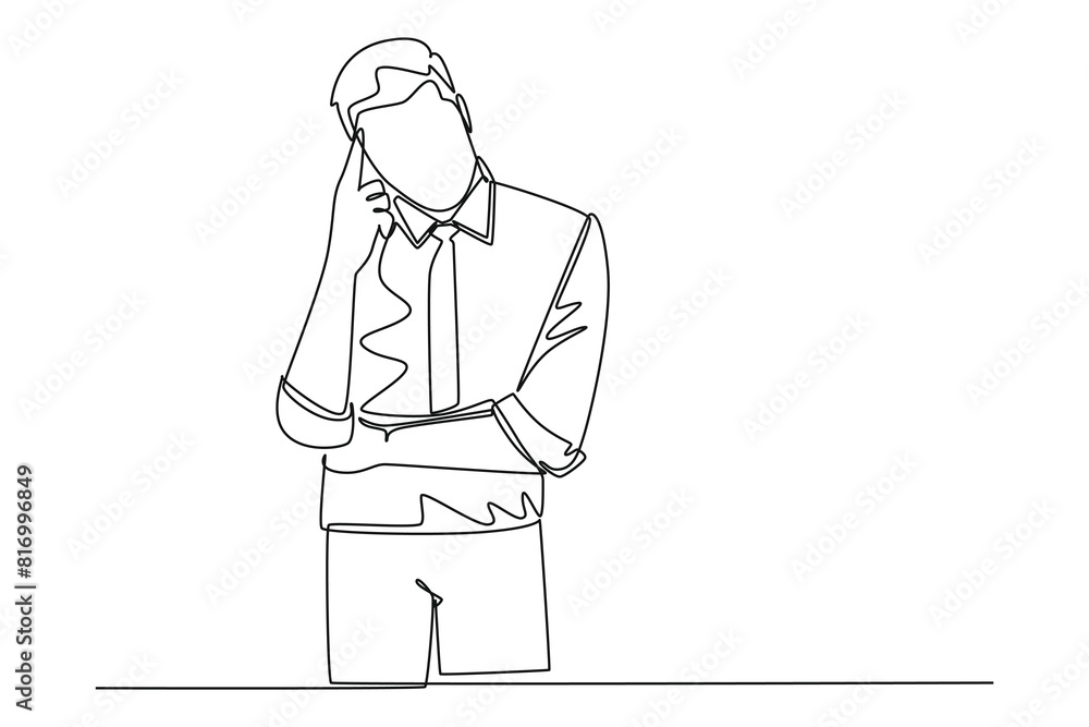 Aufkleber single continuous line drawing of young confused worker standing and thinking of solution to his job