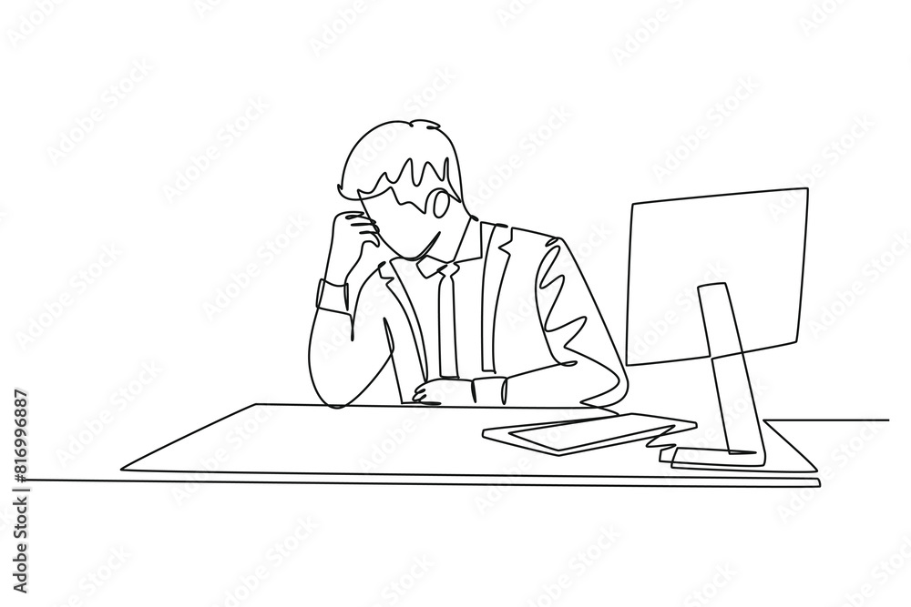 Poster single continuous line drawing young tired pensive male employee with work overload. he is seriously