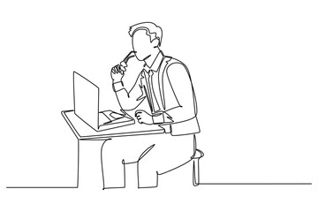 Single continuous line drawing young manager focus thinking and holding his chin using hands while sitting in front of computer. Business idea concept. One line draw graphic design vector illustration