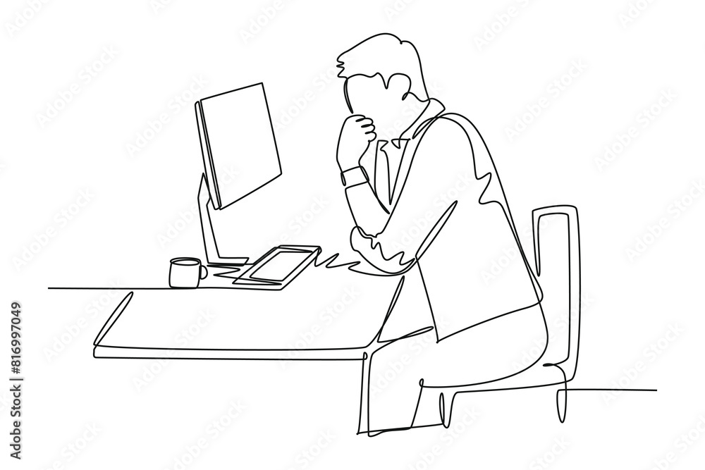 Aufkleber single one line drawing of young startup ceo sitting at a chair and thinking while focusing on compu