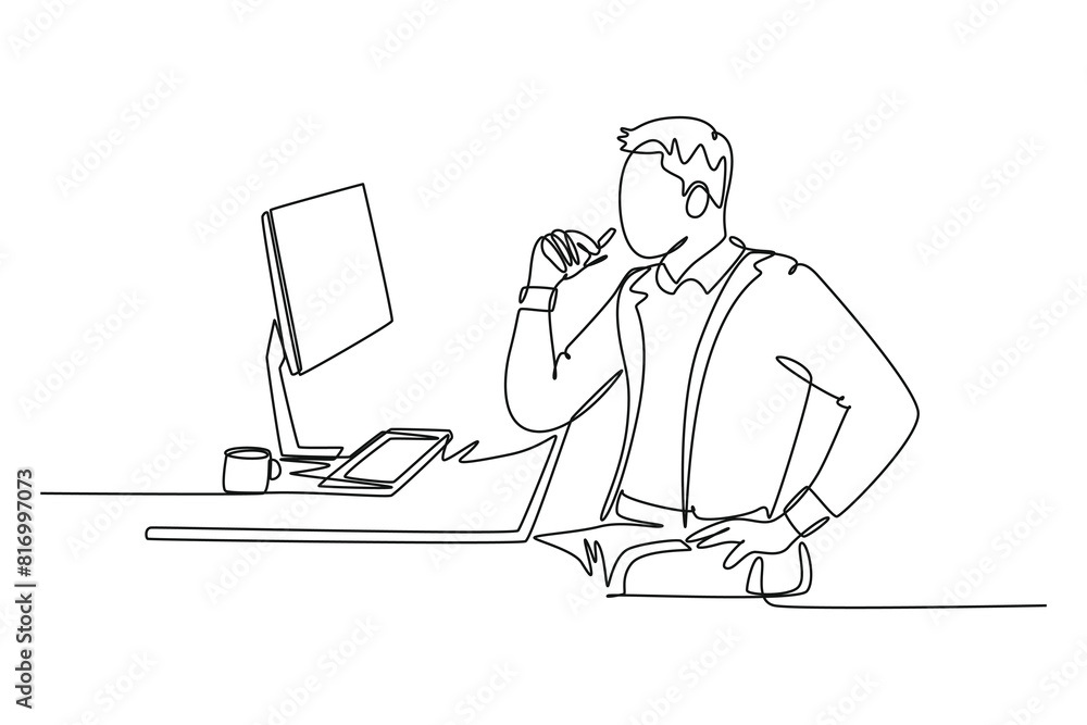 Poster single one line drawing young manager thinking seriously at his desk in front the monitor computer. 