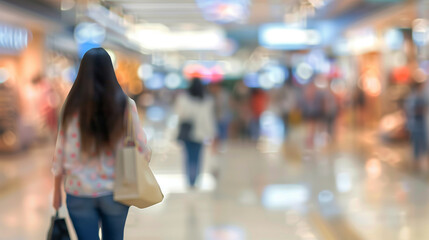 A woman with long hair and casual attire is walking through a busy shopping mall, carrying shopping bags in both hands. The background is blurred with vibrant lights and people.