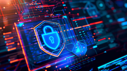 Obraz premium Cybersecurity graphic with a shield and digital padlock on a monitor