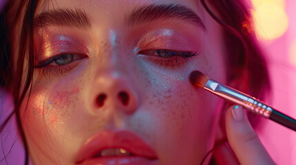 closeup of woman or fashion model doing her makeup with makeup brush , beauty salon concept, makeup parlour, cosmetic concept, 