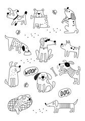 Outline vector illustration of dogs for anti-stress coloring book isolated on a white background. Coloring page for adults and children. Vector