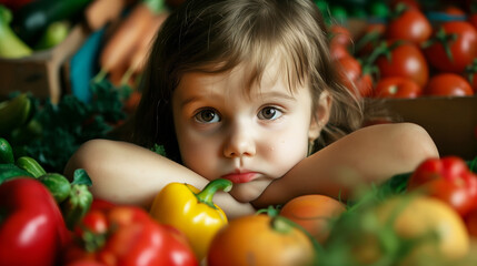 Fototapeta na wymiar A young child with a sad expression rests their head on their arms surrounded by a colorful array of vegetables such as bell peppers and tomatoes.