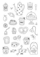 Outline vector illustration of cups and sweeties for anti-stress coloring book isolated on a white background. Coloring page for adults and children. Vector