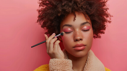 Obraz premium closeup of woman or fashion model doing her makeup with makeup brush , beauty salon concept, makeup parlour, cosmetic concept, 