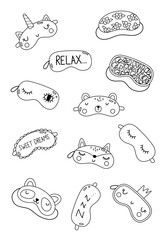 Outline vector illustration of sleep masks for anti-stress coloring book isolated on a white background. Coloring page for adults and children. Vector