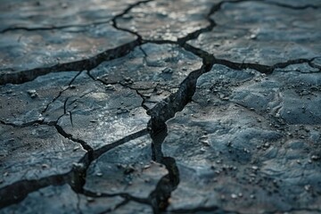 Closeup of dry, cracked ground texture, depicting drought and arid conditions