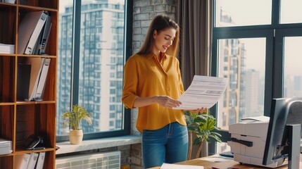 Efficiently using the office printer for her tasks. Woman in the office with a printer.
