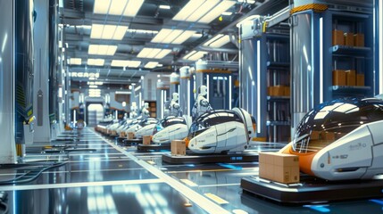 Fototapeta premium Design an image of robotic cargo handlers efficiently managing packages, set in a futuristic distribution center with sleek, modern design elements --ar 16:9 