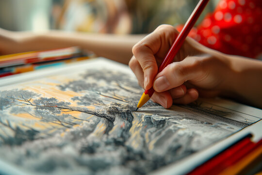 Artist capturing nature's beauty through pencil sketching. Generative AI image