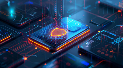 Cyber shield icon floating above a smartphone and computer