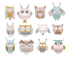 Set with owls. Ideal for fabrics, textiles, apparel, wallpaper. Vector