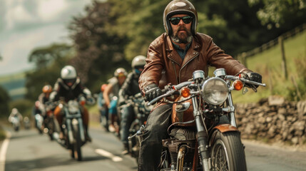 Vintage motorcycle rally on a scenic route with riders in retro gear