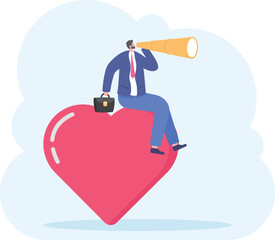 the concept of finding a mate or partner. matchmaking app. illustration of a man using a telescope to find a girlfriend. heart balloon, singles, cloud, valentine's day. flat cartoon style. vector. ui

