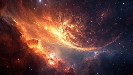 Fototapeta premium A fiery, golden nebula swirling amidst stars and galaxies, illuminating the dark universe with its radiant glow.