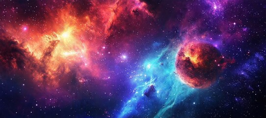 A vibrant cosmic scene with a fiery planet amidst colorful nebulae and stars, showcasing the universe’s beauty.