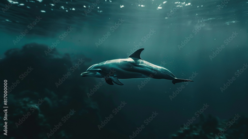 Wall mural dolphin underwater on blue ocean background looking at you - Wall murals