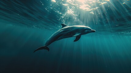 dolphin underwater on blue ocean background looking at you