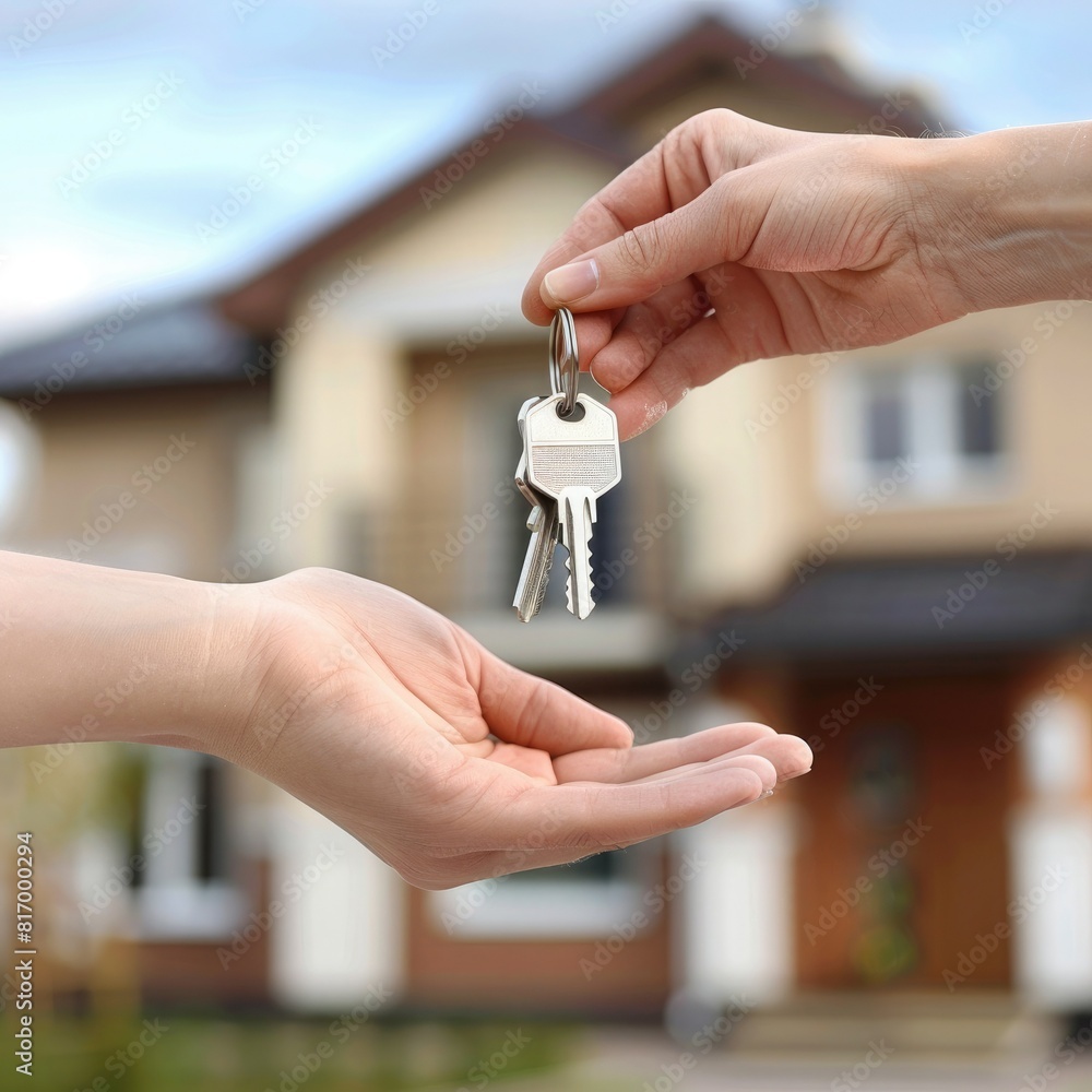 Poster close-up of a real estate agent's hand passing keys to a delighted homeowner against a blurred backg