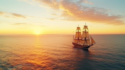 Small sailing ship in the open sea at sunset. An enchanting 17th-century vessel, exuding a sense of tranquility and serenity as it sails through calm waters, carrying dreams and aspirations.