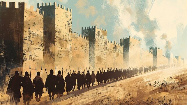 A minimalist graphic depiction of the historic event showcasing the Jewish army marching around Jericho, portrayed with clean lines and abstract forms, capturing the essence of the ancient biblical 