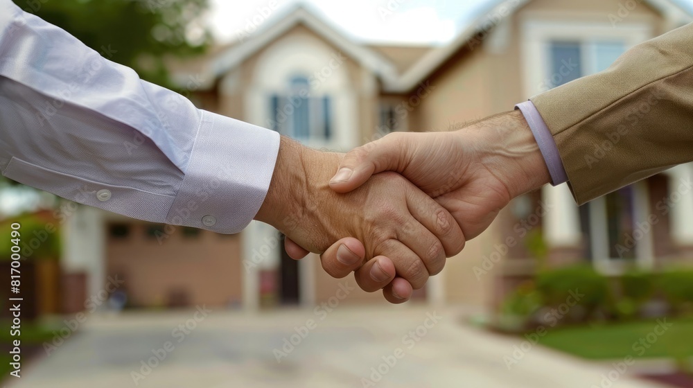 Poster a real estate agent shaking hands with a satisfied client after handing over keys to their dream hom