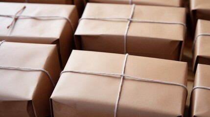 Fototapeta premium Close-up of multiple kraft paper wrapped packages tied white strings. Eco-friendly packaging concept