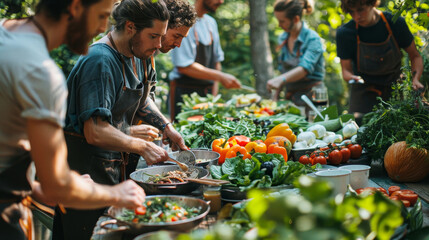 Outdoor farm-to-table cooking class in a lush green garden with fresh vegetables