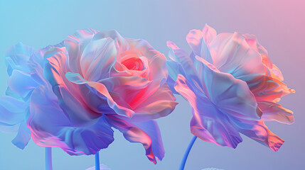 3 red rose flowers in 3D surreal style on gradient holographic rainbow background with copy-space for text. Background series for summer and spring floral.
